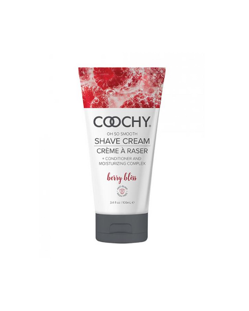 A 3.4 oz (100 ml) tube of Coochy Oh So Smooth Shave Cream - Berry Bliss by Classic Brands, designed for a rash-free shave. The tube is primarily white with red accents, featuring images of berries and bubbles on the top part of the packaging. Text in English and French describes the product and scent.