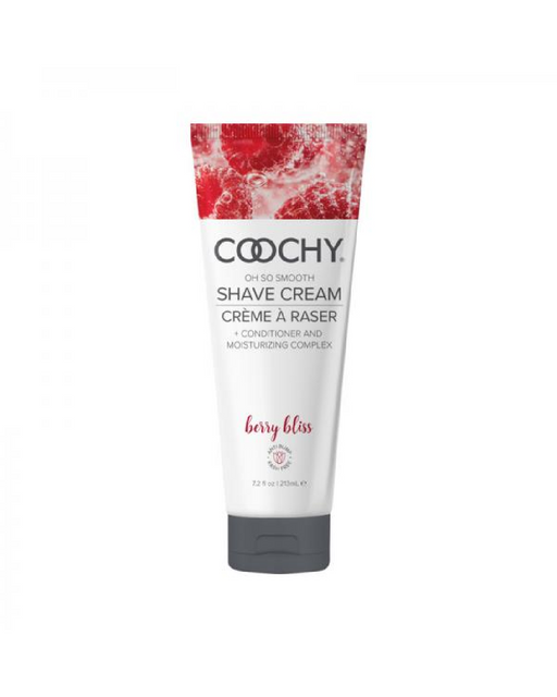 A tube of Coochy Oh So Smooth Shave Cream - Berry Bliss by Classic Brands, perfect for sensitive skin. The red and white design with a silver cap holds 7.2 fl oz (213 mL) of conditioner and moisturizing complex, ensuring a rash-free shave every time.