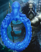 An underwater warrior wielding a trident is partially framed by the vibrant blue tentacles of XR Brands' Poseidon's Octo-Ring Fantasy Cock Ring, suggesting an epic sea adventure.