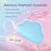A pastel image features the Cuddle Cloud External Palm Sized Vibrator, a blue silicone toy labeled "Clitoral Stimulation" and "Satin-Smooth," with text: "Magical Pinpoint Pleasure," "Precise Sensation," and "Whisper Quiet." Bubbles and clouds surround it.