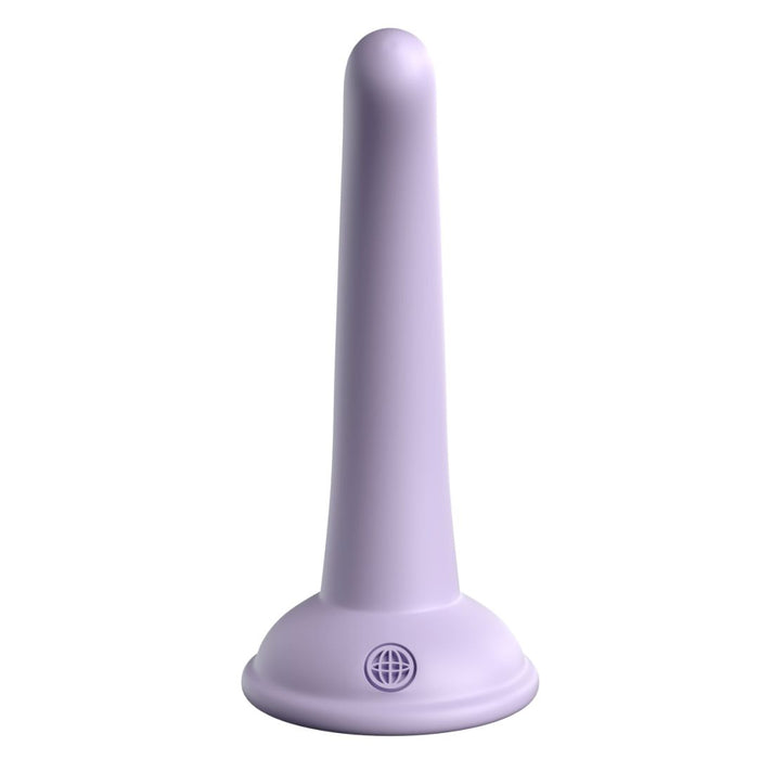 The Curious Tapered Beginner & Pegging 5 Inch Tapered Purple Silicone Dildo, shaped like a light purple cone with a rounded tip and wide flat base featuring a globe icon, is shown upright on a white background.