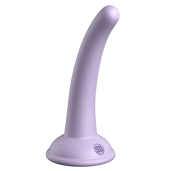 The Curious Tapered Beginner & Pegging 5 Inch Tapered Purple Silicone Dildo features a light purple, curved design with a rounded tip and wide suction cup base, ideal for first-time users and pegging enthusiasts.