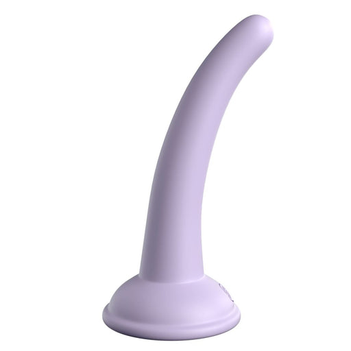 The Curious Tapered Beginner & Pegging 5 Inch Tapered Purple Silicone Dildo features a curved, tapered shaft and flared base—perfect as a first dildo or for suction cup play—shown standing upright against a white background.