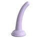 The Curious Tapered Beginner & Pegging 5 Inch Tapered Purple Silicone Dildo features a curved, tapered shaft and flared base—perfect as a first dildo or for suction cup play—shown standing upright against a white background.