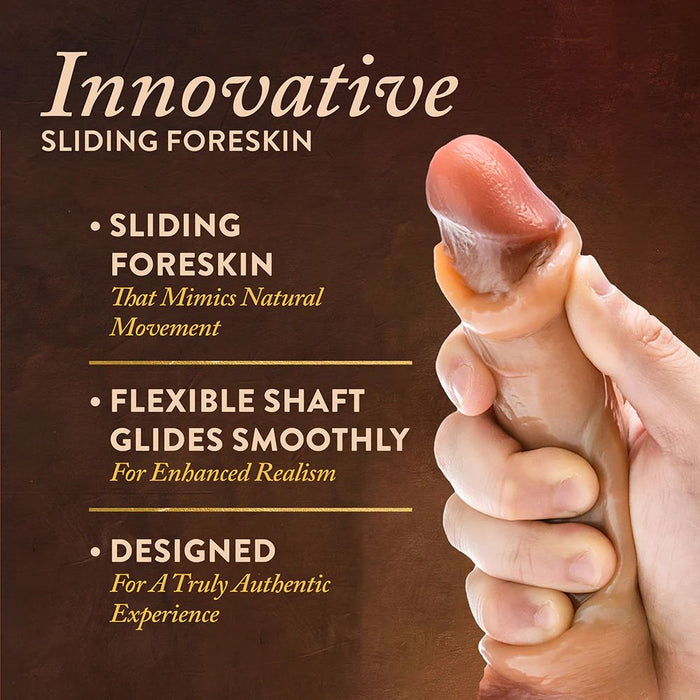 A hand holds the DaVinci Ultra Realistic Long 8 Inch Silicone Dildo with Sliding Foreskin, featuring a movable foreskin for natural motion, a flexible shaft for lifelike feel, and an authentic 8-inch design.