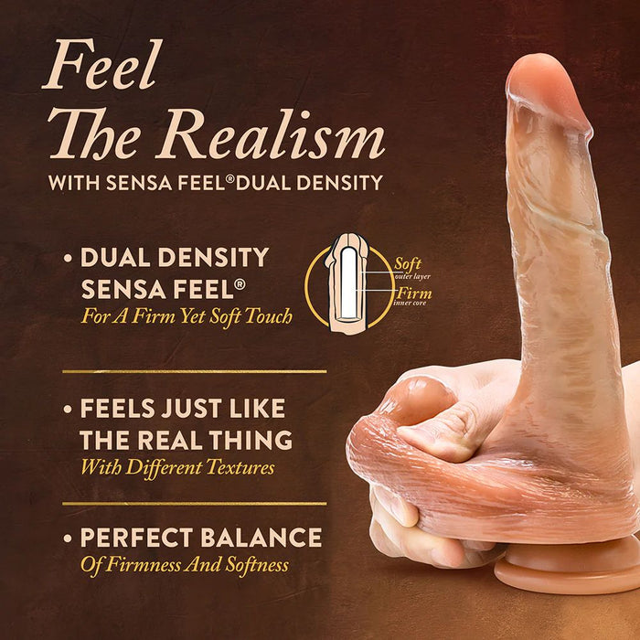 The DaVinci Ultra Realistic Long 8 Inch Silicone Dildo with Sliding Foreskin is held upright, highlighting its dual-density Sensa Feel material, lifelike textures, and ideal firmness. A diagram shows the soft and firm layers of this ultra-realistic dildo.