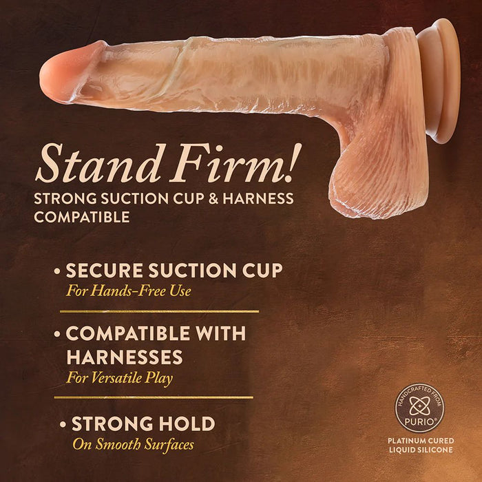 The DaVinci Ultra Realistic Long 8 Inch Silicone Dildo with Sliding Foreskin, featuring a strong suction cup base for secure hold and harness compatibility, is displayed against a brown background, with text highlighting its lifelike design.