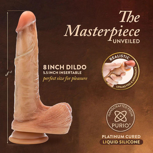 The DaVinci Ultra Realistic Long 8 Inch Silicone Dildo with Sliding Foreskin stands upright with a suction base, offering a 5.5-inch insertable length and lifelike details for an ultra-realistic experience.