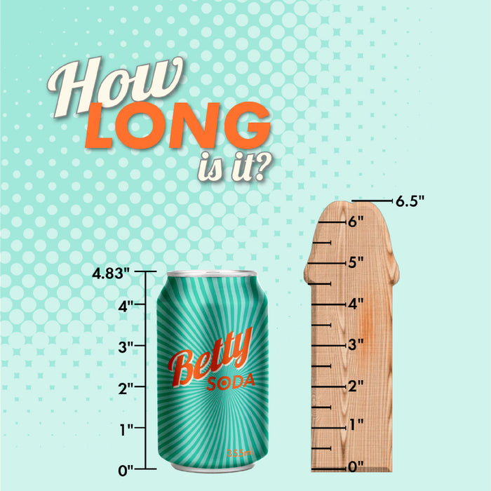 A 4.83-inch green and orange "Betty Soda" can stands next to a Dager Ultra Realistic 6.5 Inch Silicone Dildo with Suction Cup, marked in inches, on a turquoise patterned background with the text, "How LONG is it?.