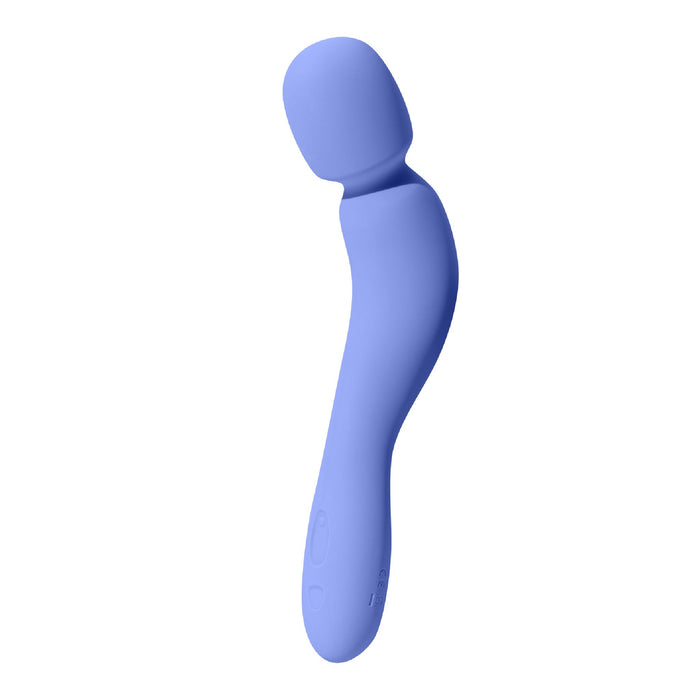 The Dame Com Ergonomic Waterproof Wand Vibrator features a blue silicone body, rounded head, flexible neck, and curved handle for deep rumbly clitoral vibrations, shown against a white background.