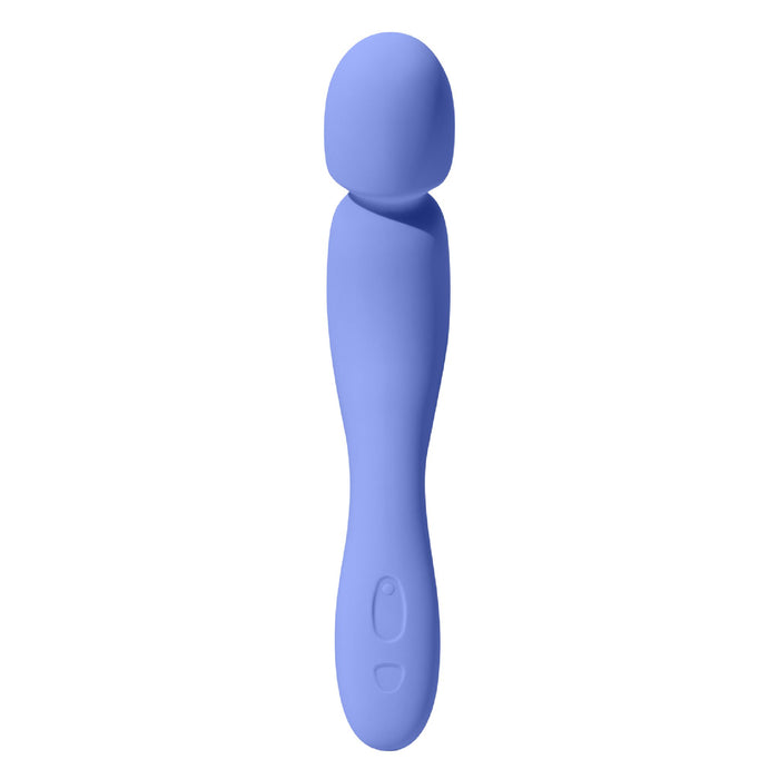 The Dame Com Ergonomic Waterproof Wand Vibrator features a blue silicone body, flexible neck, rounded head, curved handle, and dual buttons for deep rumbly vibrations that enhance clitoral pleasure.