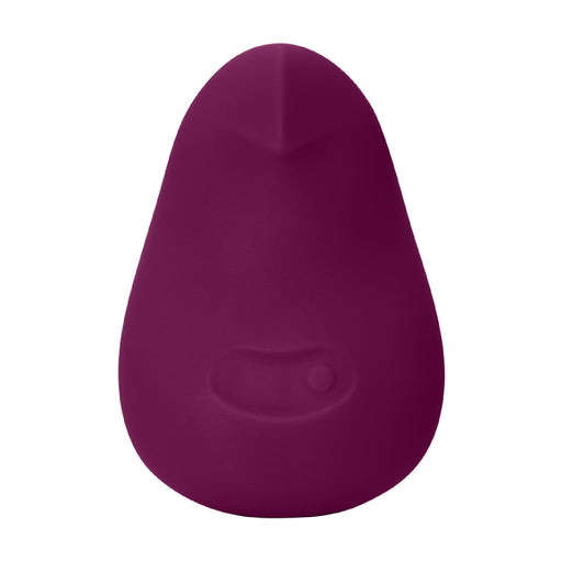 The Dame Pom Hand Held Flexible Vibrator in Plum is a small, pear-shaped device made from medical grade silicone, featuring a smooth surface and a single indented front button, shown against a white background.