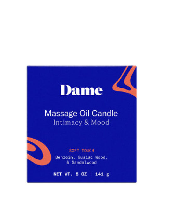 Dame Soft Touch Massage Candle blue box with orange swirls 