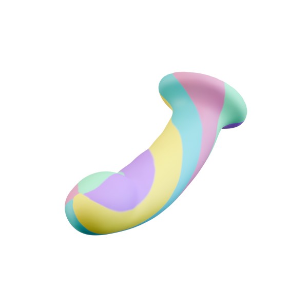 The Daydream Smooth Slim Silicone Dildo with Suction Cup, featuring pastel swirls of blue, yellow, pink, and purple, is phallic-shaped and crafted from body-safe silicone for comfortable internal stimulation. Displayed on a white background.