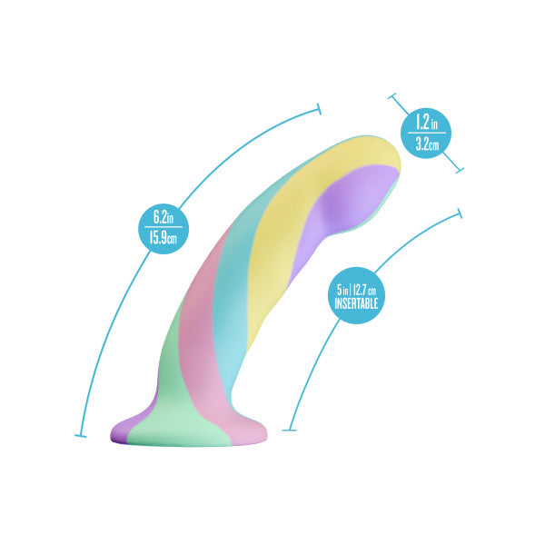 The Daydream Smooth Slim Silicone Dildo with Suction Cup is a pastel, curved artisanal toy (6.2 in total, 5 in insertable, 1.2 in width) for internal stimulation, displayed against a white background.