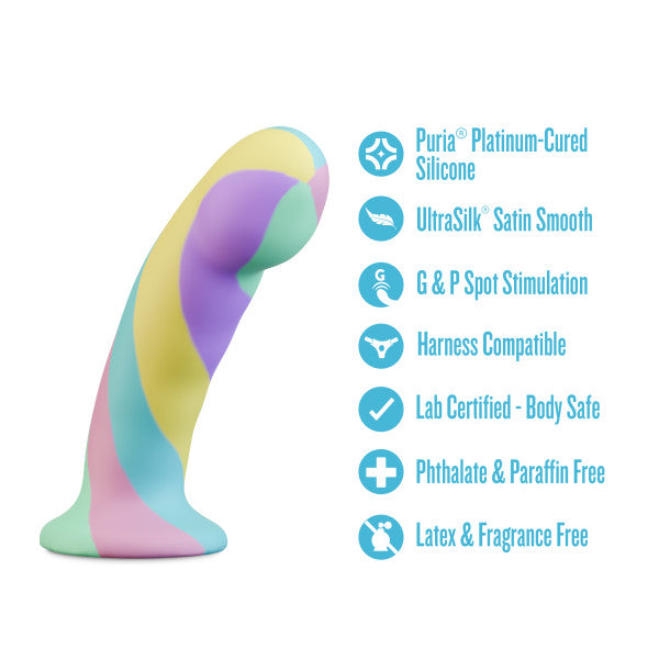The Daydream Smooth Slim Silicone Dildo with Suction Cup stands upright, showcasing icons for platinum-cured silicone, satin smoothness, internal stimulation, harness compatibility, body safety, and a phthalate-, paraffin-, latex-, & fragrance-free design.