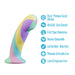 The Daydream Smooth Slim Silicone Dildo with Suction Cup stands upright, showcasing icons for platinum-cured silicone, satin smoothness, internal stimulation, harness compatibility, body safety, and a phthalate-, paraffin-, latex-, & fragrance-free design.