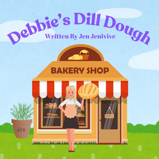 Illustration of a smiling woman holding bread outside a bakery with a sign that reads "Debbie's Dill Dough Adult Humor Book by Jen Jenivive." A potted dill plant sits near the shop, capturing the book’s cheeky, novelty humor.