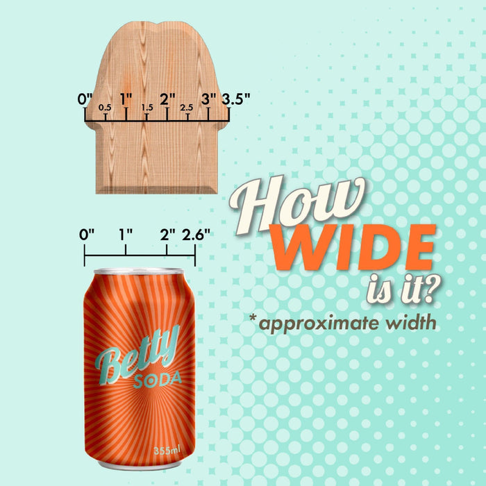 A graphic compares widths: the Demon Claw Long Thick Fantasy Fisting Silicone Dildo (3.5"), a soda can (2.6"), and a wooden object. Text says, "How wide is it? *approximate width." Measurements shown above each item.