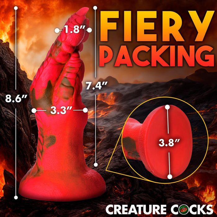 The Demon Claw Long Thick Fantasy Fisting Silicone Dildo, in red and black, features labeled measurements—8.6" tall, 1.8" tip diameter, 7.4" insertable length—and displays "Fiery Packing" and "CREATURE COCKS." Crafted from premium silicone.