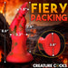The Demon Claw Long Thick Fantasy Fisting Silicone Dildo, in red and black, features labeled measurements—8.6" tall, 1.8" tip diameter, 7.4" insertable length—and displays "Fiery Packing" and "CREATURE COCKS." Crafted from premium silicone.