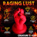 The Demon Claw Long Thick Fantasy Fisting Silicone Dildo stands upright before a fiery, volcanic backdrop. Features are highlighted: "High Fantasy," "Premium Silicone," "Phthalate-Free," "Harness Compatible," and "Strong Suction Base.