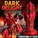 A fantasy-themed ad features the "Demon Claw Long Thick Fantasy Fisting Silicone Dildo," a red, ridged dildo with scales. Close-ups show its silicone texture and harness compatibility as a muscular demon looms in the background.