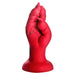 The Demon Claw Long Thick Fantasy Fisting Silicone Dildo, a red sculpted toy with bent fingers meeting at the tips, stands upright against a white background.