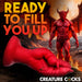 A muscular red demon with wings stands on volcanic terrain. In front is the Demon Claw Long Thick Fantasy Fisting Silicone Dildo. Bold yellow and orange text reads, "Ready to fill you up." Creature Cocks logo appears at the bottom.