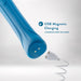 Introducing the Blush Dianna Rechargeable Rumbly Waterproof Wand Vibrator, a luxurious blue device featuring two metallic charging points and accompanied by a white magnetic USB charging cord. Text on the packaging reads "USB Magnetic Charging" and "CHARGING CORD INCLUDED." Enjoy 20 distinct vibrating patterns and complete waterproof functionality against a backdrop with a clean, light gradient.