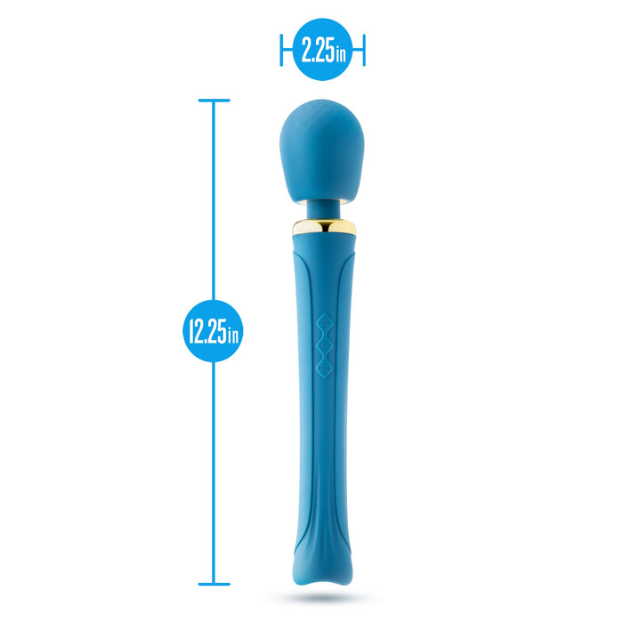 Introducing the Dianna Rechargeable Rumbly Waterproof Wand Vibrator by Blush: a luxurious blue handheld massager with a rounded head, measuring 12.25 inches in length and 2.25 inches in head width. This elegantly designed wand features a comfortable grip and a slightly curved design with accent patterns on the handle, offering 20 vibrating patterns for ultimate relaxation.