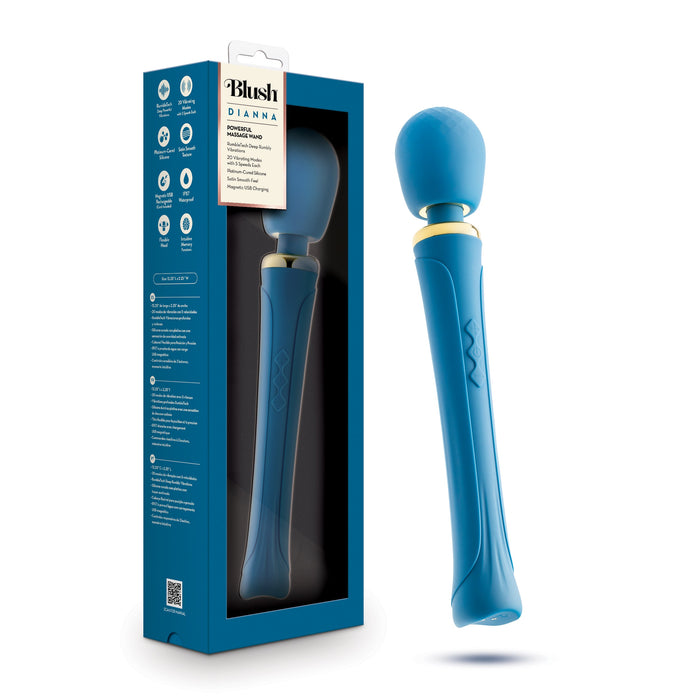 A blue wand massager labeled "Blush Dianna Rechargeable Rumbly Waterproof Wand Vibrator" stands upright with its matching blue packaging box beside it. The box features detailed information and icons about the product's 20 vibrating patterns, waterproof design, and luxurious benefits.