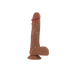 A realistic, brown, silicone dildo with detailed veins and testicles, featuring a suction cup base, standing upright against a plain white background.
