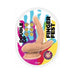 The Double Up Fingering Dildo with Slim Width and Suction Cup has hand-shaped, skin-toned silicone with two extended fingers, a suction cup base, and is strap-on harness compatible. Its colorful handprints highlight its unique design.