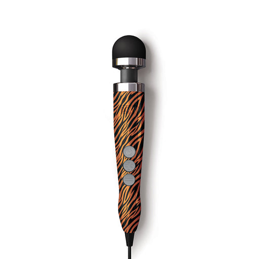 The Doxy Die Cast 3 Compact Wand Vibrator Tiger Stripe features a black rounded head, silver accents, an orange and black tiger stripe handle, and three circular control buttons for precise, targeted vibrations.