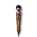 The Doxy Die Cast 3 Compact Wand Vibrator Tiger Stripe features a black rounded head, silver accents, an orange and black tiger stripe handle, and three circular control buttons for precise, targeted vibrations.