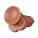 The Dr Brody Long Thick Thrusting 8.75 Inch Vibrating Silicone Dildo is flesh-toned with a suction cup base, two metal studs near the base, and is harness compatible. Shown against a white background for versatile play.