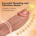 Illustration of the Dr Brody Long Thick Thrusting 8.75 Inch Vibrating Silicone Dildo, showcasing "Powerful Thrusting & Vibration," "3 Speeds, 6 Patterns," and "3 Intense Thrusts" with dynamic effects to highlight its robust motion.