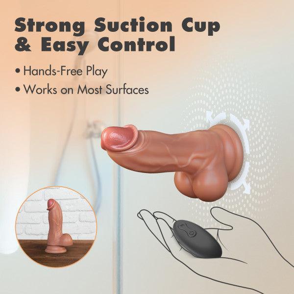 The Dr Brody Long Thick Thrusting 8.75 Inch Vibrating Silicone Dildo features a strong suction cup for hands-free play on most surfaces, remote control operation, strap-on harness compatibility, and is shown on a table for versatile use.