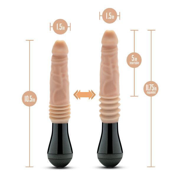 Image of two beige, flesh-like objects resembling sections of the male anatomy with a black handle, standing next to each other. The Dr. Knight Vibrating Thrusting Gyrating Realistic Silicone Dildo by Blush is a body-safe toy that has adjustable insertable lengths ranging from 5 inches up to 11.75 inches and features a 1.5-inch diameter for powerful speeds and a realistic thruster experience.