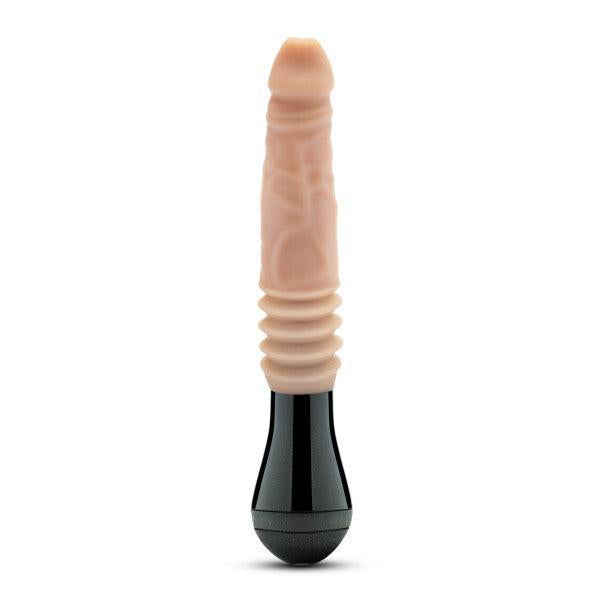 The Dr. Knight Vibrating Thrusting Gyrating Realistic Silicone Dildo in Vanilla by Blush features a realistic beige color with a ribbed section in the middle and a black handle base that serves as the control section for its powerful vibration and other features. The tip is slightly curved with an ultra-realistic anatomically detailed design, ensuring it is a body-safe toy.