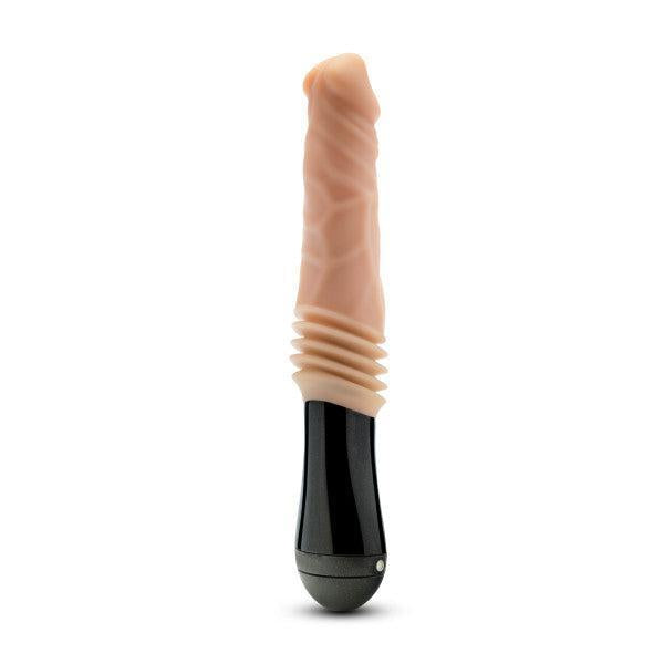 The Dr. Knight Vibrating Thrusting Gyrating Realistic Silicone Dildo - Vanilla by Blush is a realistic, beige-colored vibrator featuring a black handle, a ribbed section near the base, and a flexible, textured shaft designed to resemble a penis. This body-safe toy offers powerful speeds for enhanced pleasure.