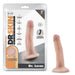 The Dr. Skin Dr. Lucas Lifelike 5 Inch Beginner Light Tone Silicone Dildo features a suction cup base, strap-on compatibility, and comes in and out of its packaging that highlights its quality silicone material.