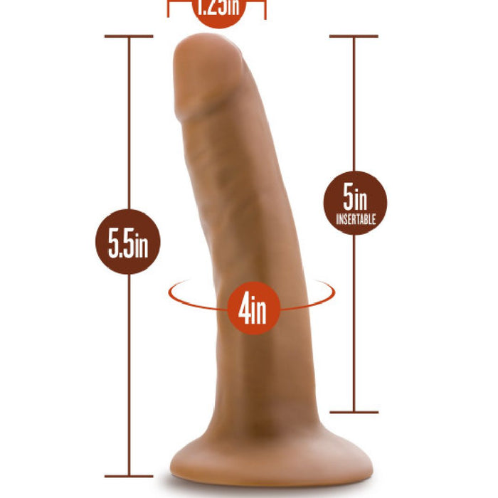 The Dr. Lucas Lifelike 5 Inch Beginner Medium Tone Silicone Dildo features platinum silicone, a 5-inch insertable length, 4-inch circumference, and sturdy suction cup base—ideal for strap-on harness use.