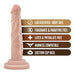 The Dr. Skin 5 Inch Mini Light Tone Dildo, a slim beginner-friendly dildo with suction cup base, is displayed with features: lab certified body safe, fragrance & paraffin free, latex & phthalate free, and harness compatible.