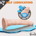 The Dr. Skin Glide Realistic Self-Lubricating 7.5 Inch Light Tone Dildo sits on a blue wet surface with water droplets. Text reads “SELF LUBRICATING,” “STRAP-ON HARNESS COMPATIBLE,” and “SLIPPERY WHEN WET!” with the Blush logo.