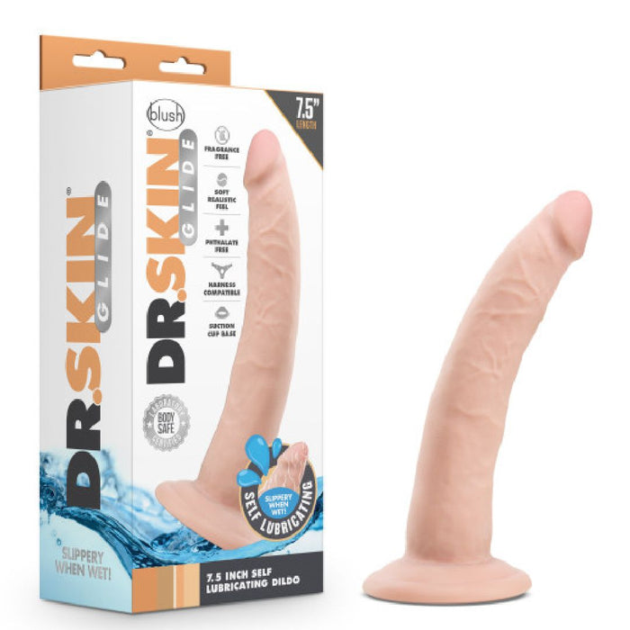 The Dr. Skin Glide Realistic Self-Lubricating 7.5 Inch Light Tone Dildo is shown beside its box, featuring a suction cup base, strap-on harness compatibility, and made from body-safe materials.