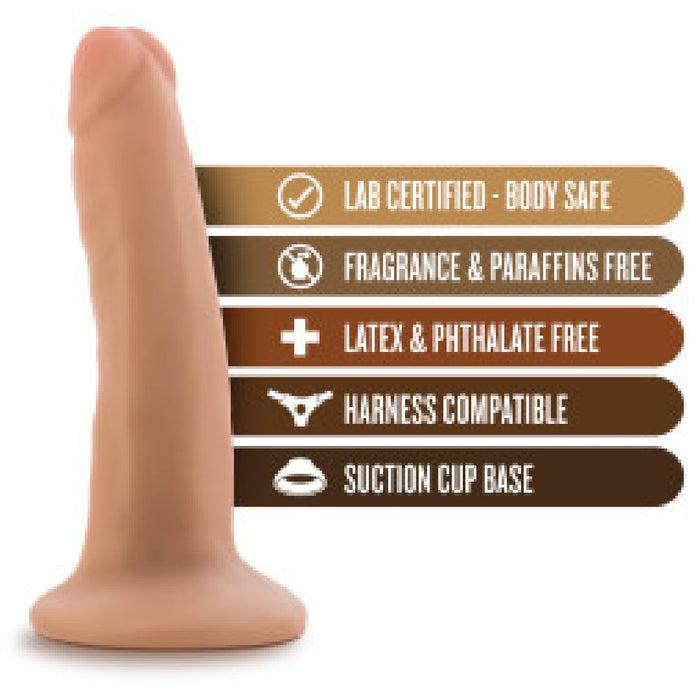The Dr. Skin Realistic 5 Inch Small Light Tone Dildo with Suction Cup is shown next to features: lab certified body-safe, fragrance & paraffin free, latex & phthalate free, harness compatible, and has a flared suction cup base.