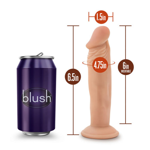 The Dr. Skin Realistic Slim 6 Inch Light Tone Dildo with Suction Cup stands next to a purple "blush" soda can for scale. At 6.5 inches tall, it's perfect for beginners seeking lifelike pleasure and easy hands-free play.