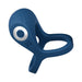 The Dual Flex Pro Vibrating Silicone Couples' Ring with Ball Strap is a blue silicone ring with texture, a round power button, and two loops—perfect for couples—shown on a white background.